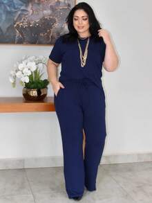 Women's Plus Size Knit Sweatshirt Set, Blouse And Simple Pants, Knitted Fabric, Pocket Set, Holiday Vacation, Daily Home, Travel, Summer - 藏蓝色 - 查看 1