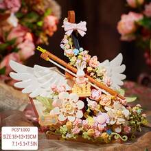 Elegant Fashionable Pink Butterfly Series Handmade Assembly Building Blocks Furniture Decor Set, Music Box Blooming Butterfly + Flower Cover, Suitable For Valentine's Day, Mother's Day, Birthday Gifts And Fashionable Lady's Desk Decorations