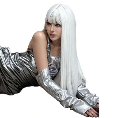 alicegarden 1 bộ tóc giả tổng hợp chịu nhiệt có mái, màu trắng, tóc thẳng dài 26 inch, chất liệu sợi tổng hợp, thích hợp để sử dụng hàng ngày, độ chân thực cao.