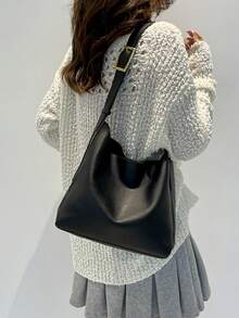 新款休闲水桶包，复古单肩斜挎包，大容量托特包 - 黑色 - 查看 1