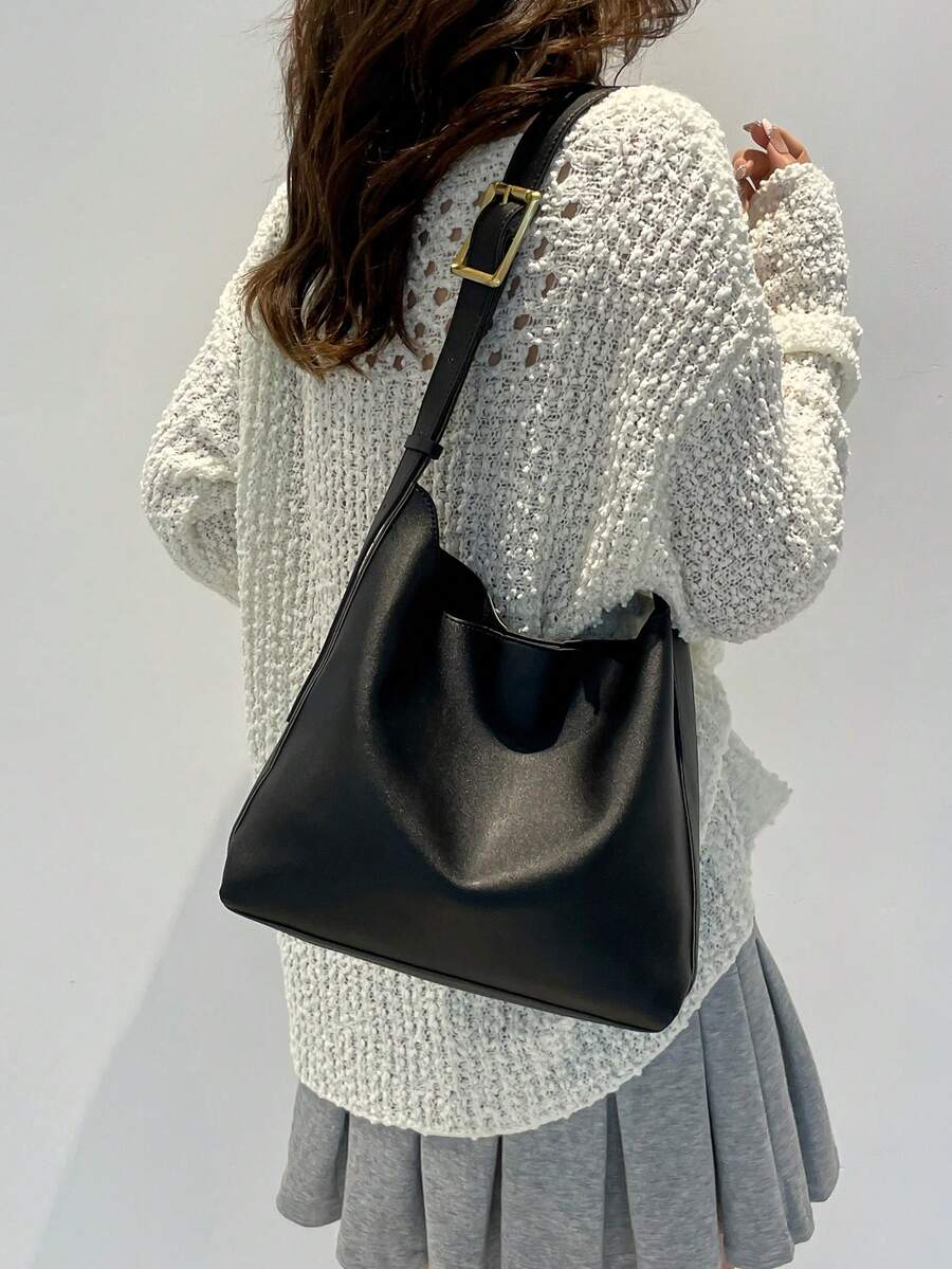 新款休闲水桶包，复古单肩斜挎包，大容量托特包 - 黑色 - 查看 1