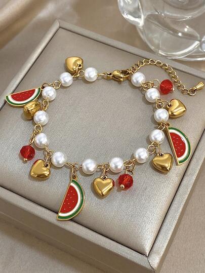 1 件镀不锈钢西瓜珍珠串珠手链，适合女士，甜美清新串珠首饰妈妈礼物圣诞节感恩节万圣节婚礼珠宝周年情人节波西米亚风珠宝日常派对礼物