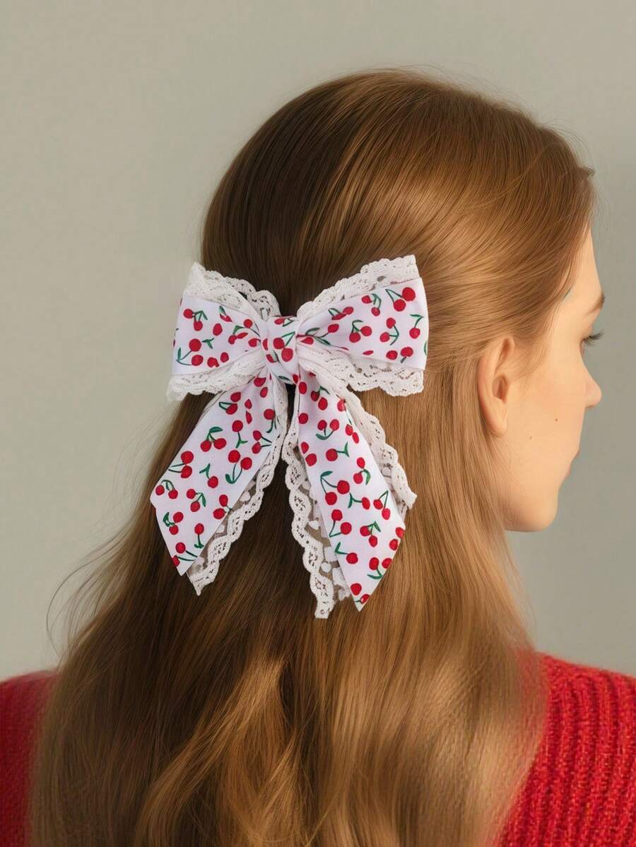 1个女士优雅双层樱桃蕾丝蝴蝶结发夹，适合日常、春夏和度假装扮 - 彩色 - 查看 1