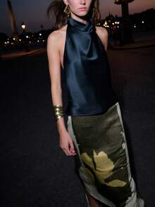 Women Satin Halter Tops Open Back Hidden Button Crop Tops Elegant Cowl Tank Tops Summer Sleeveless Loose Vests Solid Color Going Out Shirt Streetwear - 藏蓝色 - 查看 3