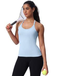 Workout Tank Tops For Women Built In Shelf Bras Padded -Racerback Athletic Tank Tops Ribbed Yoga Shirts - Light Blue - View 4