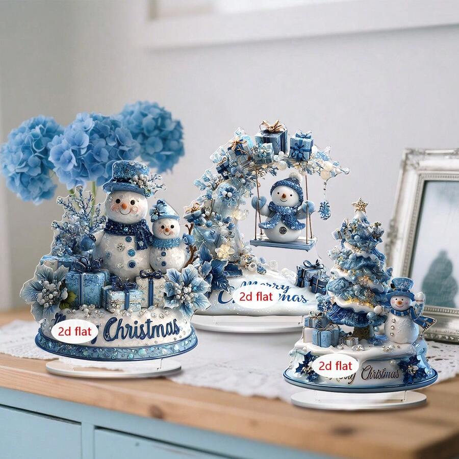 1/3/6 件圣诞蓝色雪人桌面装饰趣味多功能 2D 亚克力牌匾家居宿舍办公室桌面装饰冬季派对聚会礼物