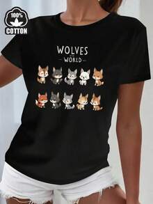 Women'S Casual T-Shirt With Cute Cartoon Wolf Puppy Print - Short Sleeve, Breathable & Comfortable For Daily Wear Or Dates, White With Brown & Black Illustrations, Everyday Tshirt | Playful Design | Comfortable Fit - 黑色 - 查看 1