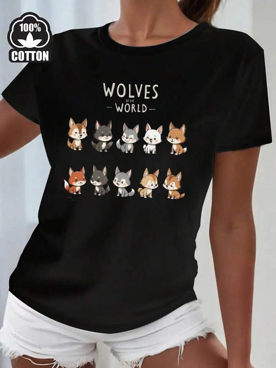 Women'S Casual T-Shirt With Cute Cartoon Wolf Puppy Print - Short Sleeve, Breathable & Comfortable For Daily Wear Or Dates, White With Brown & Black Illustrations, Everyday Tshirt | Playful Design | Comfortable Fit - 黑色 - 查看 1