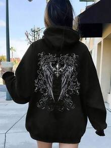 Women's Gothic Retro Wing Print Sweatshirt, Casual Street Style Long Sleeve Drawstring Pocket Sweatshirt, Minimalist Versatile Pullover For Daily Wear - Black - View 7