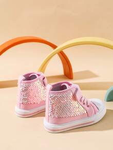 Trampki dla małych dziewczynek, wysokie, płócienne, codzienne, z błyszczącymi, zmieniającymi kolor cekinami