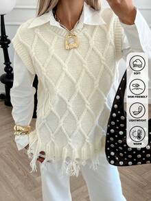 Fall Winter Women's Argyle Sweater Vest, Cozy Knitted Sleeveless Pullover V-Neck Top, Vintage V-Neck Slimming Distressed Fringe Detail Vest, Preppy, Chic Sweater Vest For Women - Multicolor - View 1