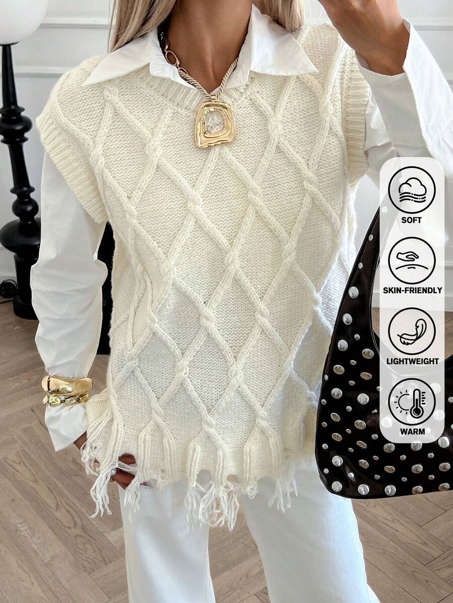 Fall Winter Women's Argyle Sweater Vest, Cozy Knitted Sleeveless Pullover V-Neck Top, Vintage V-Neck Slimming Distressed Fringe Detail Vest, Preppy, Chic Sweater Vest For Women - Multicolor - View 1