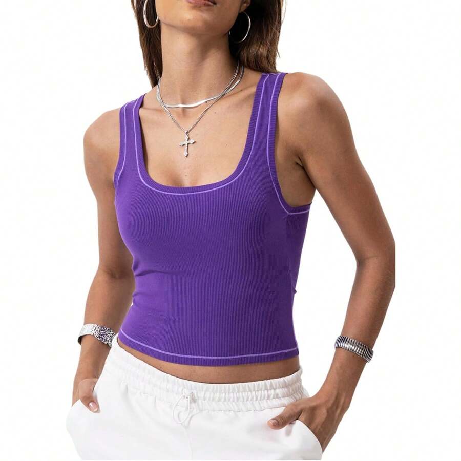Camiseta de mujer de costilla con acolchado, top de entrenamiento de cuello cuadrado, top corto ajustado, camiseta básica de tirantes - Violeta - Ver 1