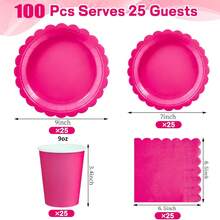 [100/175 Pieces Lace Dinner Plate Set]Lace Disposable Dinner Plates And Napkins, Pink, Blue, Green, Purple, White, And Rosy Red Dinner Plates, Party Supplies Set, Including Main Dinner Plates, Snack Plates, Paper Cups, Paper Napkins, And Knives And Spoons, Used For Garden Parties, Christening Showers, Weddings, Birthdays, Graduation Seasons, Afternoon Teas And Other Themed Parties, Disposable Tableware Set, Party Tableware Sets, Party Decorations, For Up To 25 Guests Use.The 100pcs Set Includes Dessert Plates, Dining Plates, Napkins, And Paper Cups, Without Cutlery. The 175pcs Set Includes Dessert Plates, Plates, Napkins, Paper Cups, And Cutlery Spoons/Knives/Forks.① 175pcs Set Includes: 25pcs Main Dinner Plates + 25pcs Snack Plates + 25pcs Paper Cups + 25pcs Paper Napkins + 25pcs Dinner Knives + 25pcs Dinner Forks + 25pcs Dinner Spoons  ② 100pcs Set Includes: 25pcs Main Dinner Plates + 25pcs Snack Plates + 25pcs Paper Cups + 25pcs Paper Napkins - 玫紅色 - 查看 9