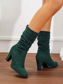 粗跟休闲靴圆头绒面革细高筒靴女式，新款秋冬中筒马靴带毛皮 - 橄欖綠 - 查看 4