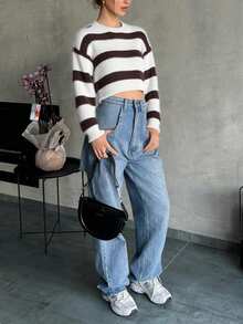 Sueter crop top sweater corto dama mujer casual manga larga cuello redondo tejido brilloso cómodo suave calientito moderno juvenil dia noche diario calle oficina aesthetic y2k estampado rayas rayado - Marrón Chocolate - Ver 3