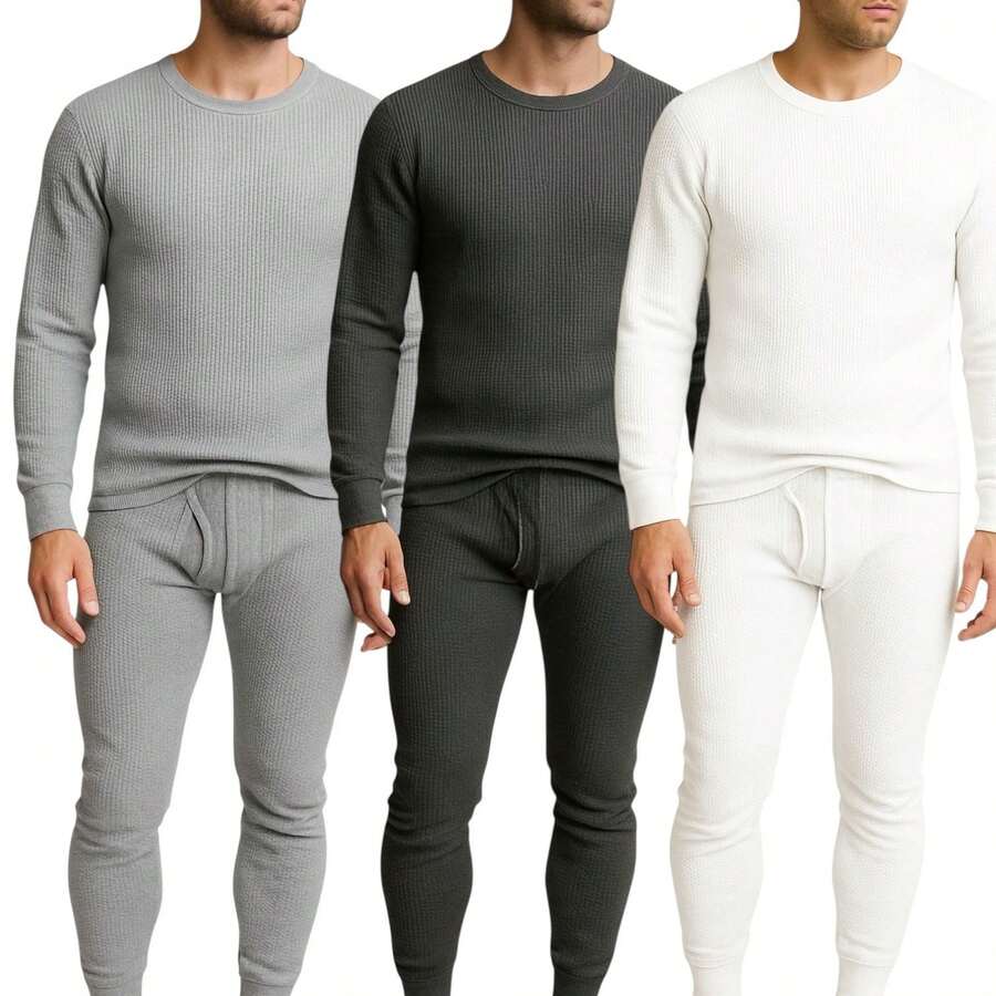 Men's 3 Pack Full Thermal Sets Ultra Soft 6 Piece Cotton Top And Bottom Set, Warm Cotton Long Johns, Winter Base Layer, Thermal Underwear For Men - 白色/炭灰色/灰色 - 查看 1