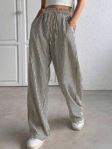 Wide Leg Striped Elastic Palazzo Pants With Pockets - Black - View 7