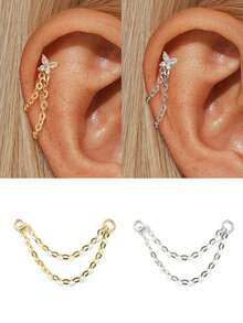 EleRunis 1PC 925 Sterling Silver Butterfly Piercings Earrings Chain Charm Flat Back Cartilage Helix Piercing Fine Jewelry For Daily Wear Wedding Party Engagement Anniversary Valentine's Day