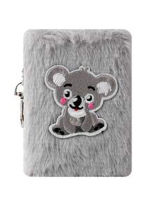 1pc Cartoon Kitten Plush Notebook, Cute Mini Portable Pocket Notepad, Furry Plush Diary For Girls, Children Writing Book, School Bag Pendant Gift , Back To School Gifts