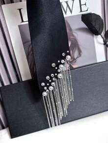 2025 New Design Fringed Tie For Women, Korean Pearl Slouchy No-Tie Necktie To Match Shirt, Black Color - Đen-a - Xem 3
