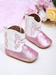 Yibubu Pink Baby Shoes Western Boots Infant Boots Vintage Embroidered Pattern Flat Shoes High-Top Non-Slip First Walking Shoes Outdoor Sports Boots For Infants And Toddlers Spring/Autumn - 粉色 - 查看 1