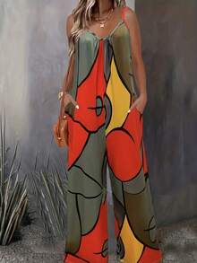 Women's Abstract Print Jumpsuit: Elegant V-Neck Sleeveless Boho Romper With Pockets. Lightweight Stretch Fabric For Beach Vacation, Garden Party, Summer Wedding Guest, Or As A Chic Mother's Day Gift - 混合色2 - 查看 2