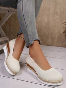 1 Pair Beige Round Toe Non-Slip Lightweight Comfortable Casual Pearl Linen Slip-On Loafers, Suitable For Commuting, Casual, Outdoor Activities, All Seasons