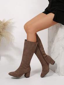秋冬女士时尚复古棕色粗跟侧拉链过膝长靴，派对靴 - 棕色 - 查看 4