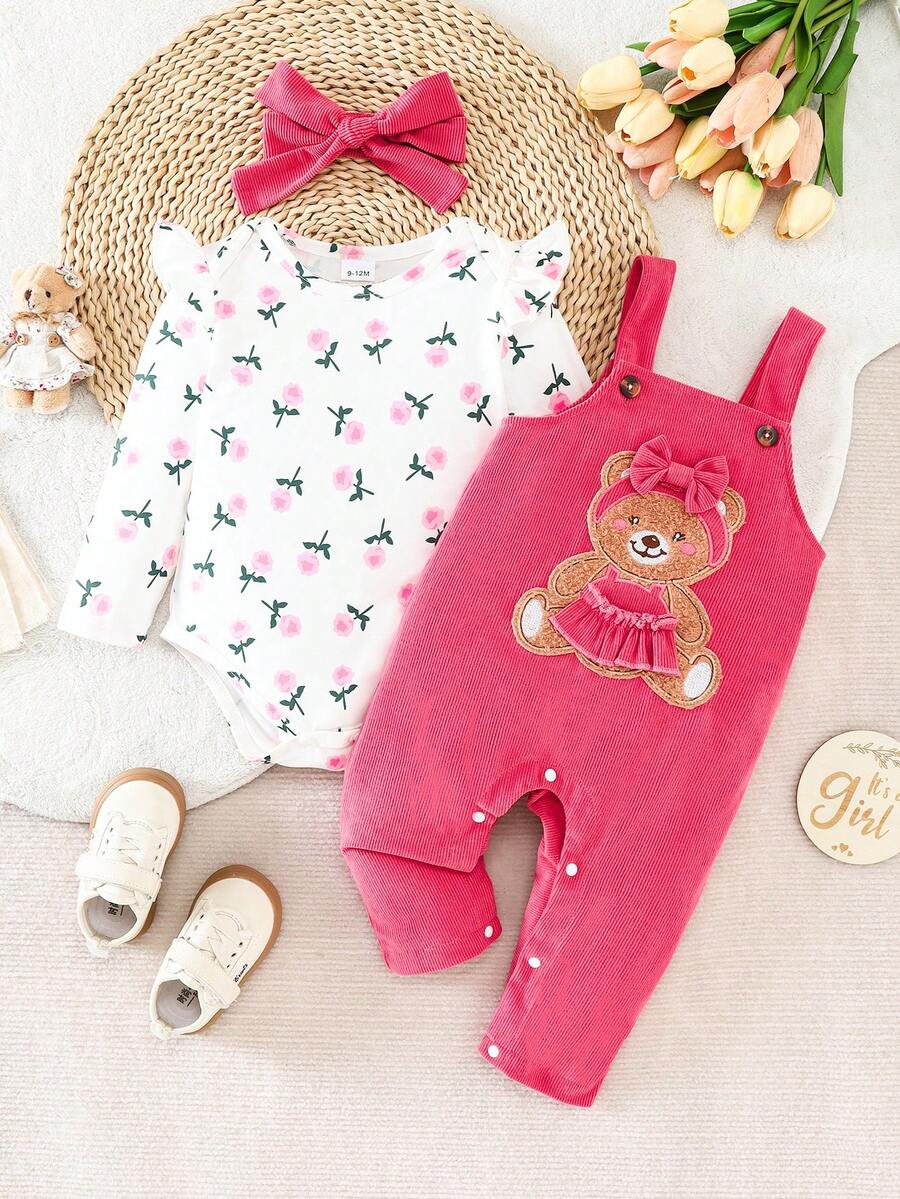 [Baby Girl] 3-Piece Outfit Set: Cherry Print Bodysuit With Cap Sleeves, Pink Bear Applique Bib Pants, Matching Velvet Bow Headband. The Overalls Are Adorable And Age-Reducing, The Jumpsuit Is Fresh And Elegant, The Overall Style Is Soft And Cute, Which Is The Best Choice For Baby Girls' Daily Outings And Home Wear, Fully Displaying Their Childlike Charm. - Pink - View 1