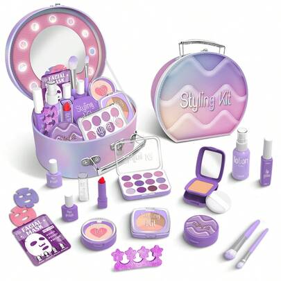 3/18 piezas Juego de tocador de maquillaje de juguete para niñas, organizador de maquillaje portátil, kit de maquillaje de princesa, bolso de juguete de maquillaje para niños, adecuado para niñas de 3 4 5 6 7 8 años, simulación de maquillaje de aprendizaje, regalo de fiesta de cumpleaños, Halloween, Navidad (juguetes de maquillaje de plástico)