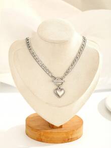 1 件时尚流行心形吊坠不锈钢项链，适合青少年男孩女孩朋克嘻哈街头饰品，适合日常佩戴 - 銀色 - 查看 2