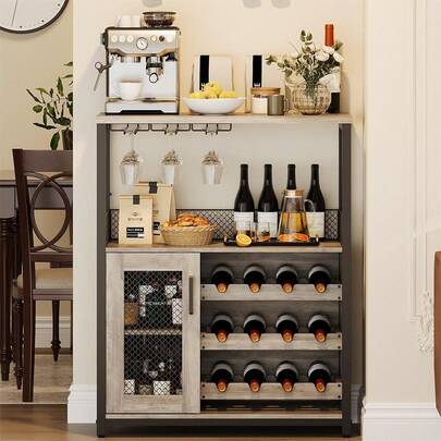Wine Bar Rack Cabinet With Adjustable Shelves Coffee Bar Cabinet With Mesh Door And Baffle Design, 36''Tall Small Liquor Bar Cabinet For Home, Kitchen, Dinning Room