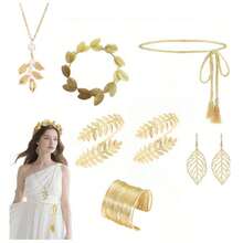 5-Piece Greek Goddess Costume And Accessory Set, Including A Golden Laurel Leaf Headpiece, Tassel Waist Chain, Leaf-Shaped Necklace, Hollowed-Out Golden Leaf Earrings And Armbands. An Elegant Gift For Myth Lovers, Suitable For Female Party Brides' Weddings, Halloween Medusa Role-Playing, Bride Photo Shoots, And Bohemian-Style Weddings - Multicolor - View 13