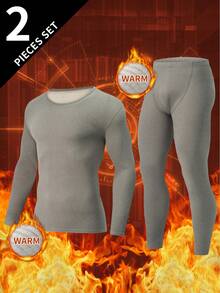 2pcs Men's Fashion Thermal Underwear Set, Autumn/Winter Warm Base Layer Knit Sweater - Light Grey - View 1