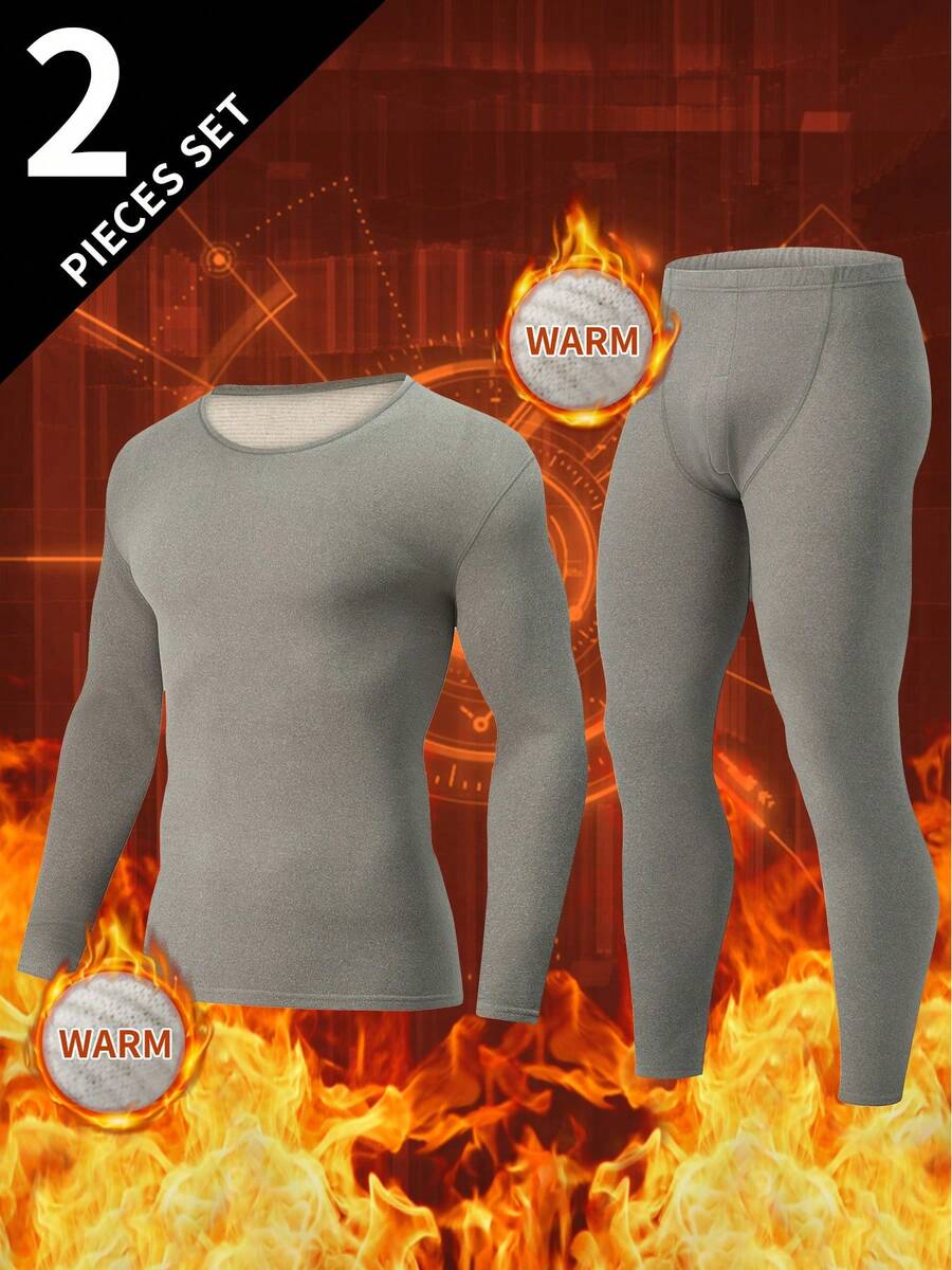 2pcs Men's Fashion Thermal Underwear Set, Autumn/Winter Warm Base Layer Knit Sweater - Light Grey - View 1