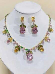1 Set Pink & White Zirconia Embedded Necklace & Earrings Jewelry Set, Gorgeous Design With Teardrop Gemstones, Suitable For Formal Occasions Like Gala, Wedding (Assorted Colored Crystals)