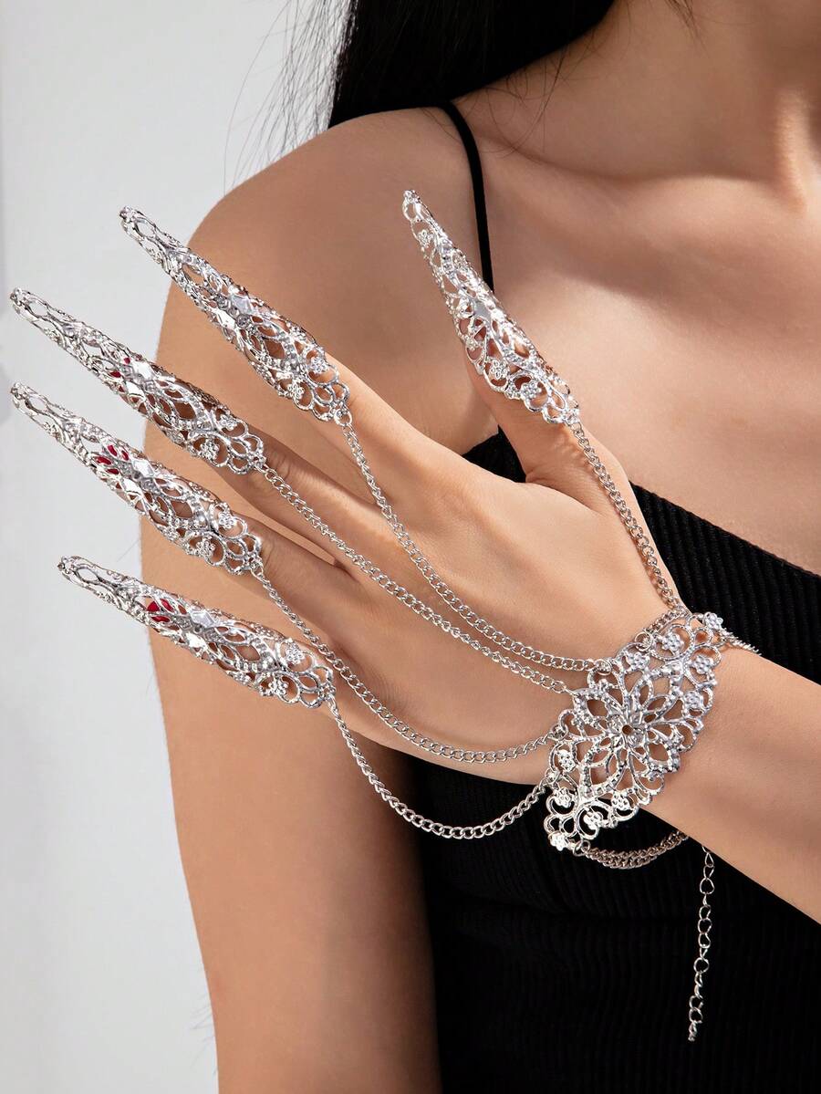 1pc Gothic Style Ghost Nail Chain Finger Bracelet, Punk Cone Nail Finger Ring Cosplay Accessory - Silver - View 1