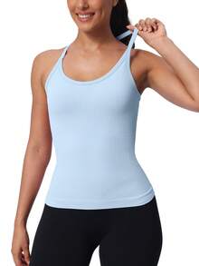 Workout Tank Tops For Women Built In Shelf Bras Padded -Racerback Athletic Tank Tops Ribbed Yoga Shirts - Light Blue - View 3