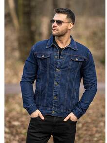 Men's Slim Fit Denim Jacket, Classic Fashion With Pockets, Autumn And Winter Men's Jean Jacket - 深色水洗藍 - 查看 1