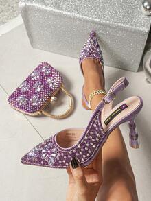 Venus Chan 2025 Women's Purple Pointed Toe High Heel Party Shoes & Rhinestone Handbag Set - Italian Design For Weddings & Special Occasions - Purple - View 3