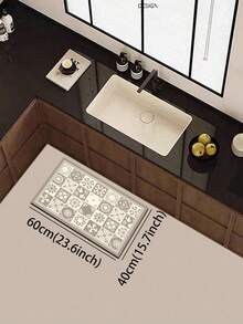1pc Silica Gel Kitchen Mat, Vintage Mosaic Pattern, Gray & White Color Scheme, Composed Of Various Small Squares With Floral, Geometric Patterns, Classic Elegant Retro Style, Luxury Fashion Kitchen Carpet, Anti-Fatigue