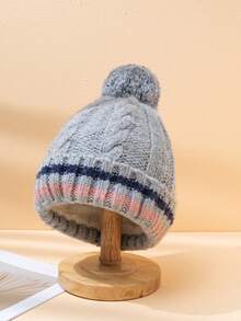 1 pièce Bonnet tricoté à pompons rayés bicolores, chapeau tricoté chaud, doublé thermique, polyvalent et pour l'hiver, pour un usage quotidien, les déplacements et les courses - bande - Voir 13