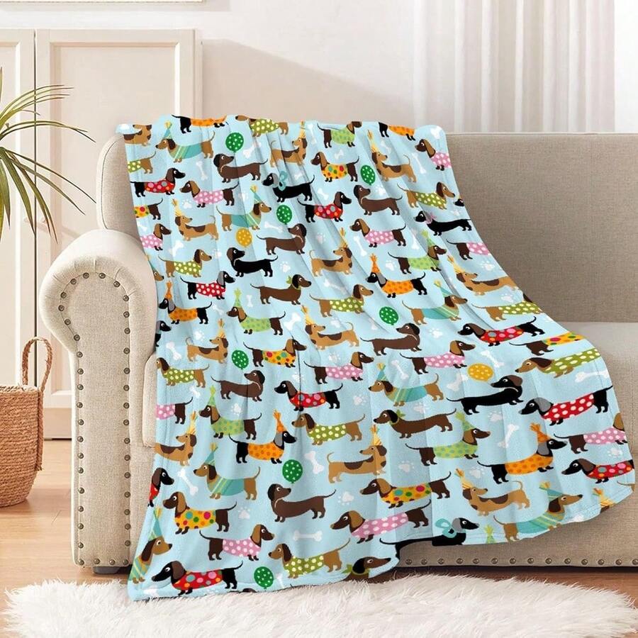 Dachshund Printed Flannel Blanket - Soft, Comfortable, Lightweight | Sofas, Beds, Camping And Travel All Season Comfort | Cute Cartoon Dog Pattern | Machine Washable Polyester - Multicolor 4 - View 1