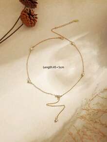 1pc Stainless Steel Necklace For Women, Dainty Layered Gold Long Necklaces 18k Gold Plated Beaded Bar CZ Drop Necklace Simple Gold Y Choker Necklaces For Women Gold Jewelry Gifts For Women