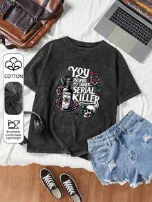 T-shirt d'été à manches courtes en coton pour femmes grandes tailles avec imprimé bouteille de poison, rose et crâne. Top casual et confortable pour un port quotidien