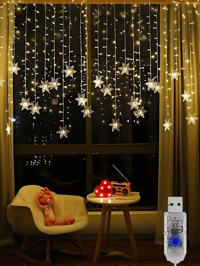 1pc Large Snowflake Ice Column String Lights ,Curtain Lights, Modern LED Winter Fairy Lights With ,Fairy Lights Curtain,Snowflake Curtain Light, 96 LED USB Powered Fairy String Light ,With 8 Modes, Transparent Plastic, Warm Light ,Led Curtain Lights,Curtain String Lights,Curtain Fairy Lights