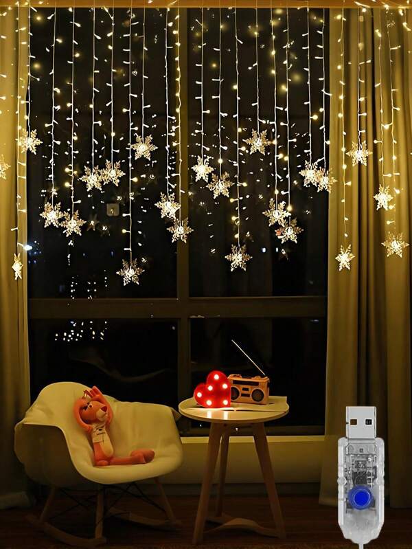 1pc Large Snowflake Ice Column String Lights ,Curtain Lights, Modern LED Winter Fairy Lights With ,Fairy Lights Curtain,Snowflake Curtain Light, 96 LED USB Powered Fairy String Light ,With 8 Modes, Transparent Plastic, Warm Light ,Led Curtain Lights,Curtain String Lights,Curtain Fairy Lights