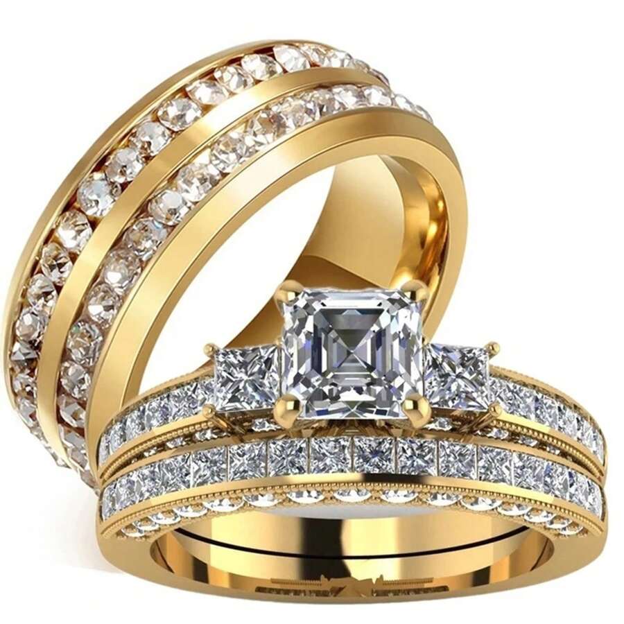 1pc Luxury Artificial Zirconia Rhinestones Couple Rings For Lover's Valentine's Day Gift Fashion Gold Color Engagement Wedding Band - 女戒 - 查看 1
