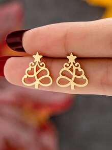1 Pair Minimalist Christmas Tree Earrings - Winter Holiday Christmas Tree Jewelry Gift, Suitable For Women And Girls - Gold - View 4